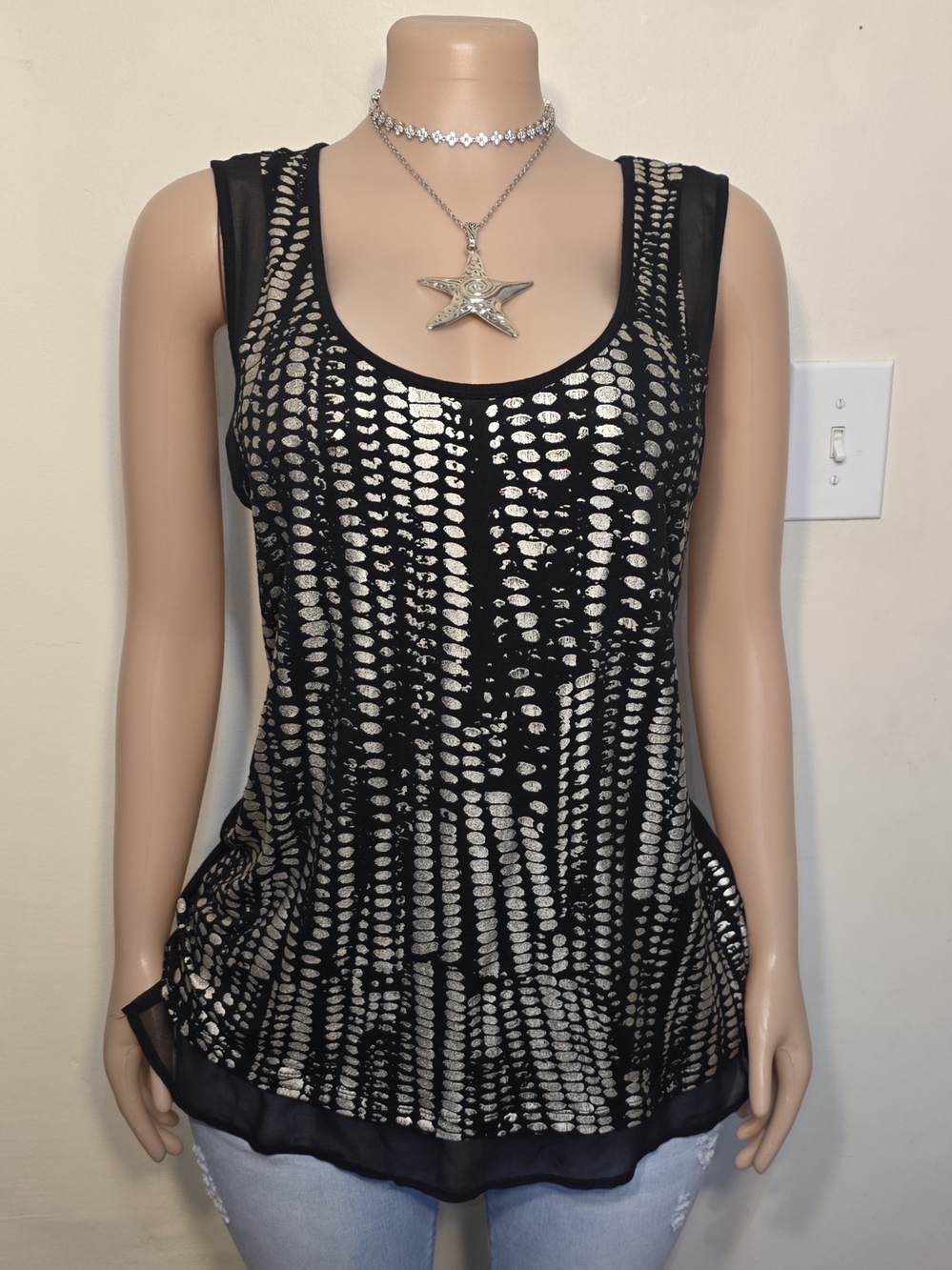 a.n.a Black Metallic Silver Patterned Tank Top
